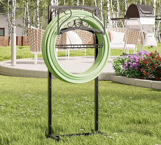 Kingson Portable Garden Hose Holder with Storage Basket - Heavy-Duty Freestanding Steel Stand, Holds 150FT Hose, Black Powder-Coated Finish, Detachable & Space-Saving Design with Tools