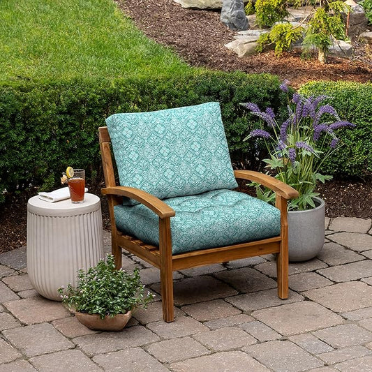 Arden Outdoor Plush Modern Tufted Blowfill Deep Seat Set, 24 x 24, Rain-Proof, Fade Resistant, Deep Seat Bottom and Back Cushion, Turquoise Daphne Medallion