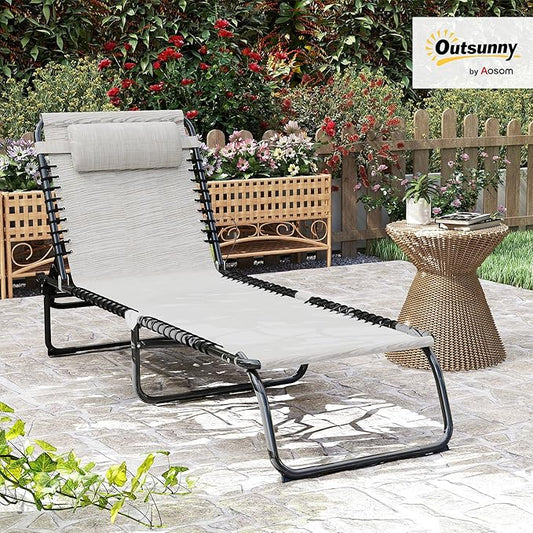 Outsunny Folding Chaise Lounge Chair, Patio Sun Tanning Chair, Outdoor Chaise Lounger with 4-Position Reclining Back, Breathable Mesh Seat for Beach, Poolside, Yard, Cream White