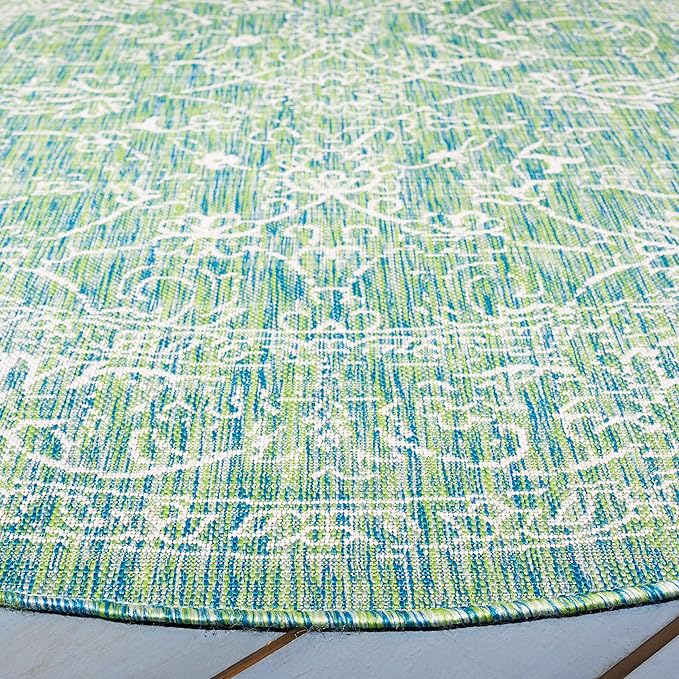 SAFAVIEH Washable Rug Outdoor Courtyard Collection - 7'10" Round, Green & Ivory, Non-Shedding & Easy Cleaning, Ideal for Patio, Backyard, Mudroom (CY8680-55721)