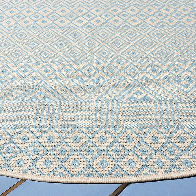 SAFAVIEH Courtyard Collection 4' Round Beige/Aqua CY6235 Moroccan Indoor/ Outdoor Waterproof Easy Cleaning Patio Backyard Mudroom Area Rug