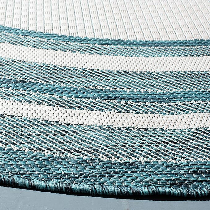 SAFAVIEH Washable Rug Outdoor Courtyard Collection - 6'7" Round, Ivory & Teal, Non-Shedding & Easy Cleaning, Ideal for Patio, Backyard, Mudroom (CY8475-53512)