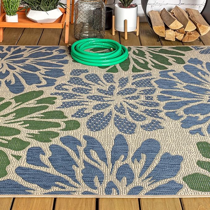 JONATHAN Y Floral Textured Weave Indoor Outdoor Area Rug 3X5 Navy/Green, Zinnia Modern for Backyard, Patio, Porch, Easy-Cleaning, High Traffic, Pet-Friendly, Non-Shedding (SMB110B-3)