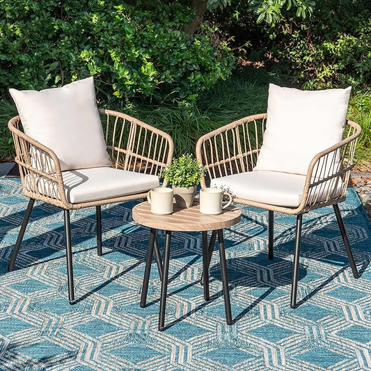 NUU GARDEN 3-Piece Outdoor Bistro Set, PE Wicker Chairs with Cushions and Slatted Metal Side Table, Patio Furniture Conversation Set for Porch, Backyard, Lawn, Poolside, Deck, Beige
