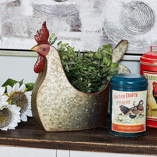 Deco 79 Metal Rooster Indoor Outdoor Planter Large Planter Pot, Planter 12" x 8" x 16", Gray