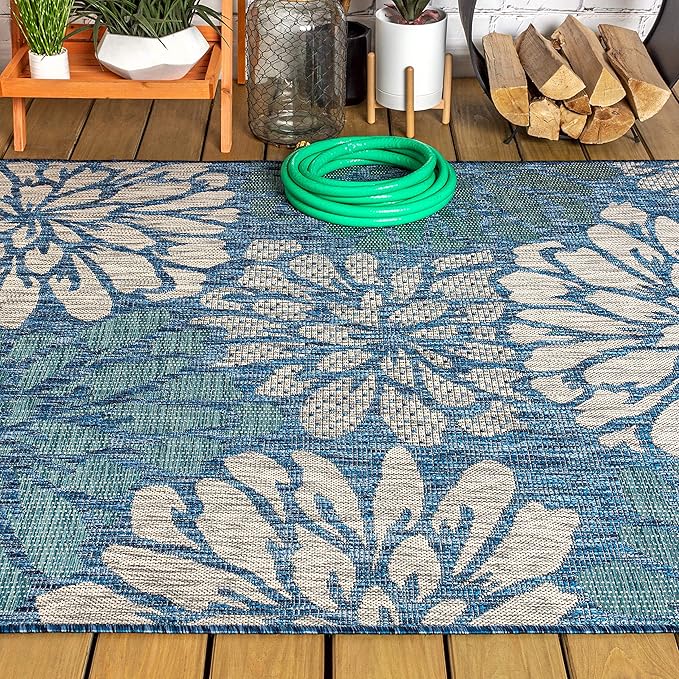 JONATHAN Y Floral Textured Weave Indoor Outdoor Area Rug 5X8 Navy/Aqua, Zinnia Modern for Backyard, Patio, Porch, Easy-Cleaning, High Traffic, Pet-Friendly, Non-Shedding (SMB110C-5)