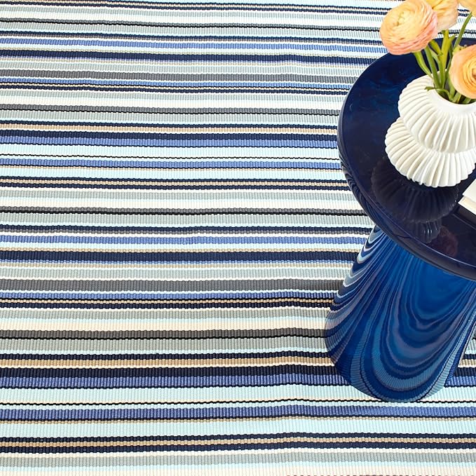 Dash & Albert Westbrook Stripe Blue Handwoven Indoor/Outdoor Rug, 9.5 X 13.5 Feet, Blue/Grey Stripe Pattern - Premium Luxury Hotel Quality Soft Breathable Hypoallergenic Machine Washable Easy Care