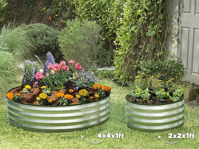 Round Galvanized Raised Garden Bed // 2×2×1 ft (2-Pack) Galvanized Raised Garden Beds Outdoor for Gardening, Vegetables, Flowers // Patented Tool-Free Design Round Planter (Silver)