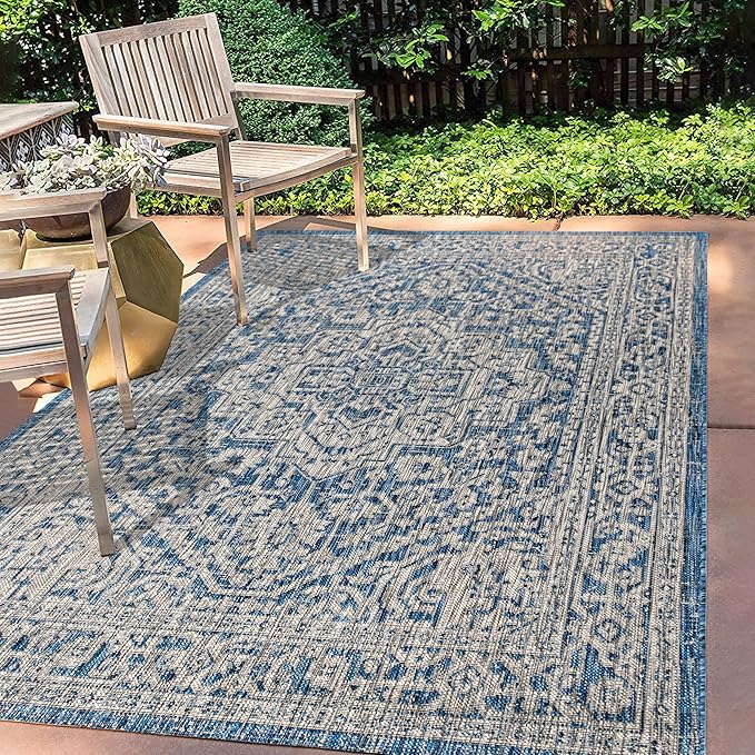 JONATHAN Y Medallion Weave Indoor Outdoor Area Rug 9X12 Navy/Gray, Sinjuri Textured for Backyard, Patio, Porch, Easy-Cleaning, High Traffic, Pet-Friendly, Non-Shedding (SMB101B-9)