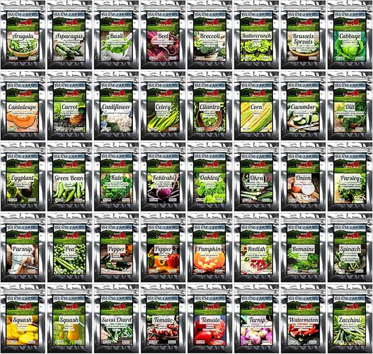 B&KM Farms 25,000+ Survival Seed Kit 5+ Year Supply. 40 Fruit & Vegetable Non-GMO Heirloom Seeds for Planting a Home Garden. Secure Emergency Weather-Proof Bucket