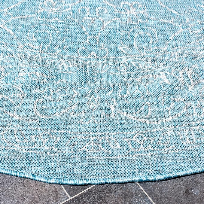 SAFAVIEH Washable Rug Outdoor Courtyard Collection - 5'3" Round, Aqua Blue & Grey, Non-Shedding & Easy Cleaning, Ideal for Patio, Backyard, Mudroom (CY8680-37121)