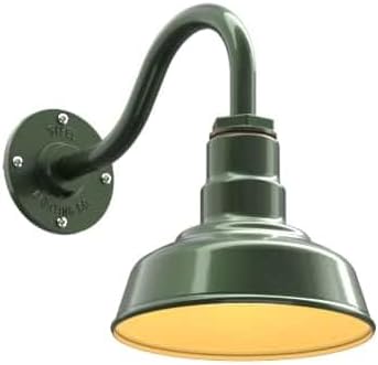 Steel Lighting Co. | Dusk to Dawn | Hawthorne Barn Light | Outdoor Wall Mounted | 8 in Dome | 11 inch Gooseneck| Small Farmhouse Light Made in America | Hunter Green/Brass