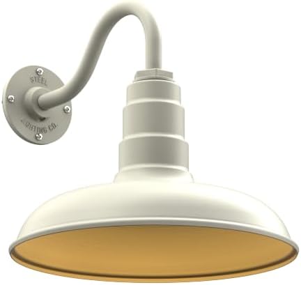 Steel Lighting Co. Topanga Barn Light | Outdoor Wall Mounted | 14 inch Dome | 11" Gooseneck | Farmhouse Garage Light Made in America | Cream Exterior/Brass Interior