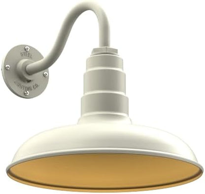 Steel Lighting Co. Topanga Barn Light | Outdoor Wall Mounted | 14 inch Dome | 11" Gooseneck | Farmhouse Garage Light Made in America | Cream Exterior/Brass Interior