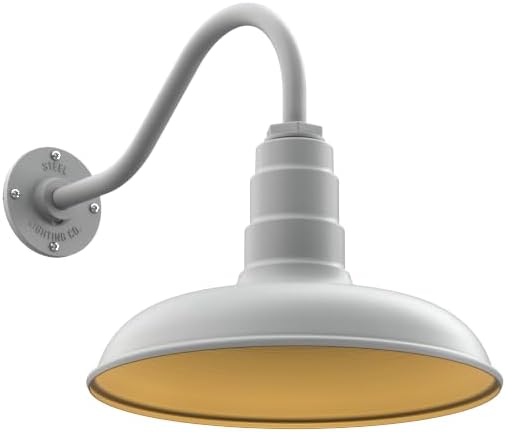 Steel Lighting Co. Topanga Barn Light | Outdoor Wall Mounted | 14 inch Dome | 16" Gooseneck | Farmhouse Garage Light Made in America | Modern Gray Exterior/Brass Interior