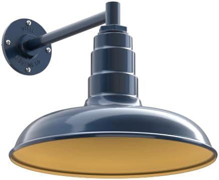 Steel Lighting Co. Topanga Barn Light | Outdoor Wall Mounted | 14 inch Dome | 11" Straight Arm | Farmhouse Garage Light Made in America | Gray Blue Exterior/Brass Interior