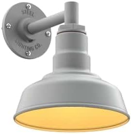 Steel Lighting Co. | Dusk to Dawn | Hawthorne Barn Light | Outdoor Wall Mounted | 8 in Dome | 6 in Straight Arm| Small Farmhouse Light Made in America | Modern Gray/Brass