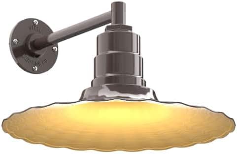 Steel Lighting Co. Highland Park Barn Light | Outdoor Wall Mounted | 16 inch Radial Wave | 11" Straight Arm | Vintage Style Made in America | Dark Bronze Exterior/Brass Interior