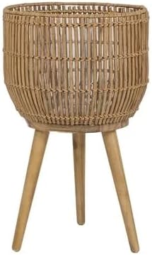 13.2 Inch Round Brown Resin Rattan Planter with Stand - Acacia Wood Legs, Steel Frame, Plastic Insert - Indoor/Covered Outdoor Use (13.5" Diameter x 21.8" H)