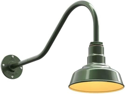 Steel Lighting Co. | Dusk to Dawn | Hawthorne Barn Light | Outdoor Wall Mounted | 8 in Dome | 23 inch Gooseneck| Small Farmhouse Light Made in America | Hunter Green/Brass