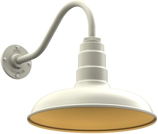 Steel Lighting Co. Topanga Barn Light | Outdoor Wall Mounted | 14 inch Dome | 16" Gooseneck | Farmhouse Garage Light Made in America | Cream Exterior/Brass Interior