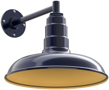 Steel Lighting Co. Topanga Barn Light | Outdoor Wall Mounted | 14 inch Dome | 11" Straight Arm | Farmhouse Garage Light Made in America | Navy Blue Exterior/Brass Interior