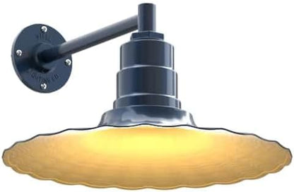 Steel Lighting Co. Highland Park Barn Light | Outdoor Wall Mounted | 16 inch Radial Wave | 11" Straight Arm | Vintage Style Made in America | Gray Blue Exterior/Brass Interior