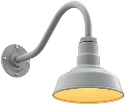 Steel Lighting Co. | Dusk to Dawn | Hawthorne Barn Light | Outdoor Wall Mounted | 8 in Dome | 16 inch Gooseneck| Small Farmhouse Light Made in America | Modern Gray/Brass