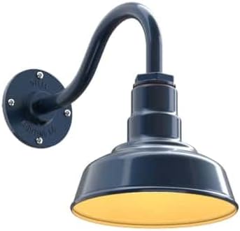 Steel Lighting Co. | Dusk to Dawn | Hawthorne Barn Light | Outdoor Wall Mounted | 8 in Dome | 11 inch Gooseneck| Small Farmhouse Light Made in America | Gray Blue/Brass
