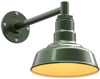 Steel Lighting Co. | Dusk to Dawn | Hawthorne Barn Light | Outdoor Wall Mounted | 8 in Dome | 11 inch Straight Arm| Small Farmhouse Light Made in America | Hunter Green/Brass