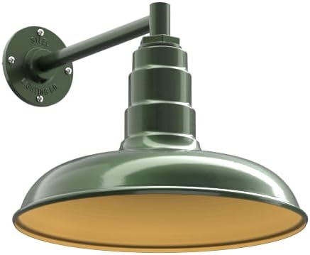 Steel Lighting Co. Topanga Barn Light | Outdoor Wall Mounted | 14 inch Dome | 11" Straight Arm | Farmhouse Garage Light Made in America | Hunter Green Exterior/Brass Interior