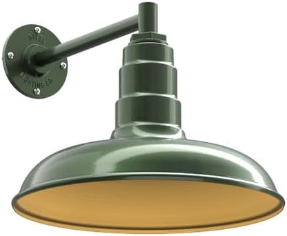 Steel Lighting Co. Topanga Barn Light | Outdoor Wall Mounted | 14 inch Dome | 11" Straight Arm | Farmhouse Garage Light Made in America | Hunter Green Exterior/Brass Interior