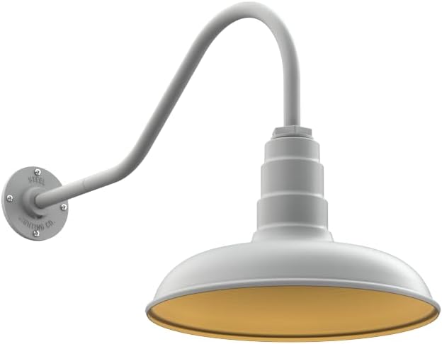 Steel Lighting Co. Topanga Barn Light | Outdoor Wall Mounted | 14 inch Dome | 23" Gooseneck | Farmhouse Garage Light Made in America | Modern Gray Exterior/Brass Interior