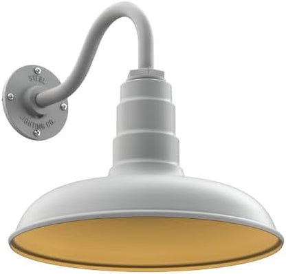 Steel Lighting Co. Topanga Barn Light | Outdoor Wall Mounted | 14 inch Dome | 11" Gooseneck | Farmhouse Garage Light Made in America | Modern Gray Exterior/Brass Interior