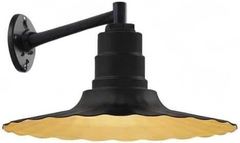 Steel Lighting Co. Highland Park Barn Light | Outdoor Wall Mounted | 16 inch Radial Wave | 11 inch Straight Arm | Vintage Style Made in America | Matte Black Exterior/Brass Interior