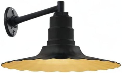 Steel Lighting Co. Highland Park Barn Light | Outdoor Wall Mounted | 16 inch Radial Wave | 11 inch Straight Arm | Vintage Style Made in America | Matte Black Exterior/Brass Interior