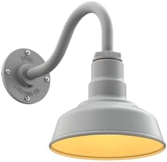 Steel Lighting Co. | Dusk to Dawn | Hawthorne Barn Light | Outdoor Wall Mounted | 8 in Dome | 11 inch Gooseneck| Small Farmhouse Light Made in America | Modern Gray/Brass