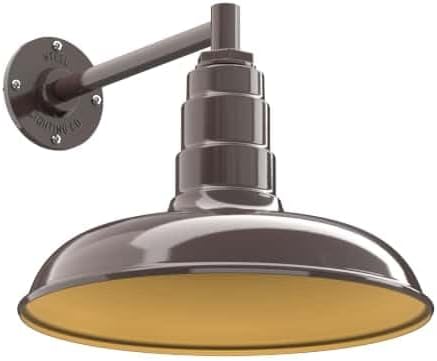 Steel Lighting Co. Topanga Barn Light | Outdoor Wall Mounted | 14 inch Dome | 11" Straight Arm | Farmhouse Garage Light Made in America | Dark Bronze Exterior/Brass Interior