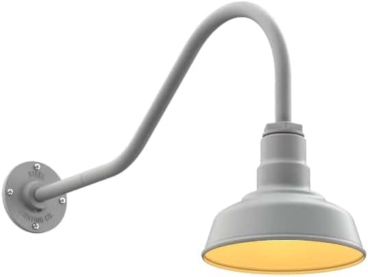 Steel Lighting Co. | Dusk to Dawn | Hawthorne Barn Light | Outdoor Wall Mounted | 8 in Dome | 23 inch Gooseneck| Small Farmhouse Light Made in America | Modern Gray/Brass