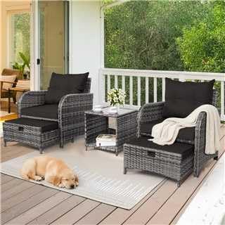 5 Pieces PE Wicker Outdoor Chairs with Ottoman, 5 PCS Rattan Patio Furniture Chairs with Pull Out Ottoman & Side Table for Porch Balcony Sunroom, Black