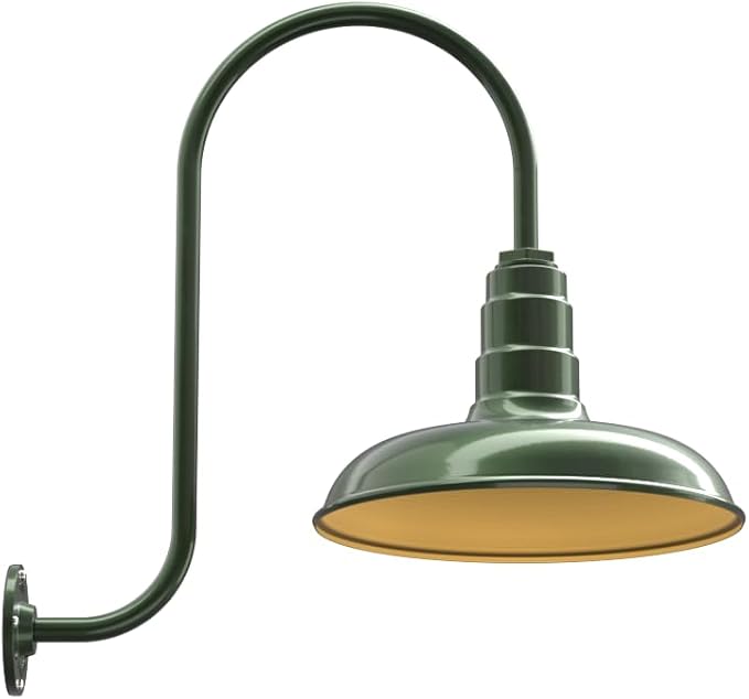 Steel Lighting Co. Topanga Barn Light | Outdoor Wall Mounted | 14 inch Dome | Upward Sloping Gooseneck | Farmhouse Garage Light Made in America | Hunter Green Exterior/Brass Interior