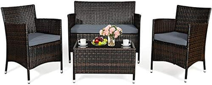 HAPPYGRILL 4 Pieces Patio Sofa Set Rattan Wicker Furniture Patio Conversation Set with Cushioned Sofa and Coffee Table for Outdoor Backyard Garden Poolside