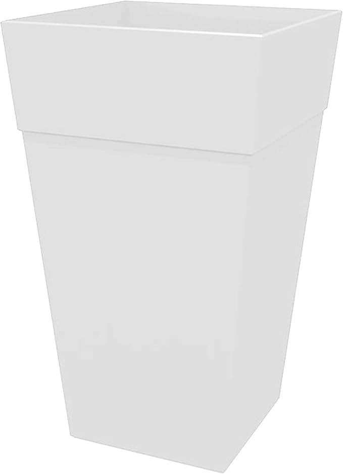 Bloem Finley 25" Tall Square White Plastic Resin Planter with Drainage Holes for Indoor and Outdoor Gardening
