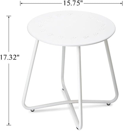 danpinera Outdoor Side Tables with Flower Cut Outs, Weather Resistant Steel Patio Side Table, Small Round Outdoor End Table Metal Side Table for Patio Yard Balcony Garden White