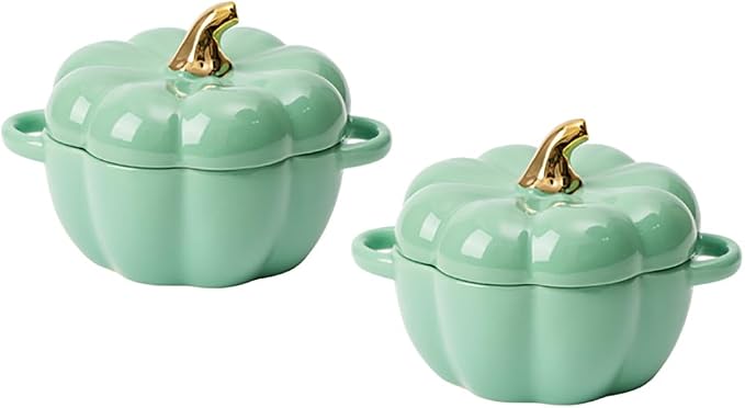 Pumpkin Bowl Set with Lid and Handle, Set of 2 Ceramic Ramekins for Baking, Casserole Dish Individual Severing Pot, Stoneware, Oven Safe, 14 Oz (Green)