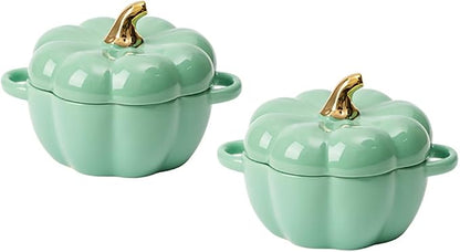 Pumpkin Bowl Set with Lid and Handle, Set of 2 Ceramic Ramekins for Baking, Casserole Dish Individual Severing Pot, Stoneware, Oven Safe, 14 Oz (Green)
