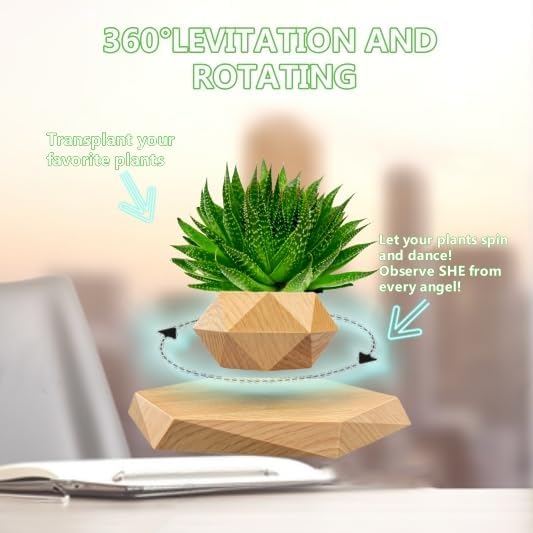 Levitating Plant Pot, Floating Plant Pot Small Floating Flower Pot, 360° Rotating Floating Pots for Plants, Floating Planter for Levitating Decor, Levitating Display Home Office Desk Decor (Yellow)