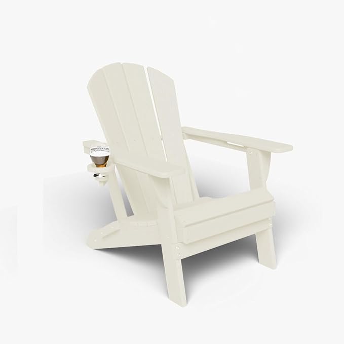 Folding Adirondack Chair with Cup Holders, HDPE Plastic Outdoor Chairs, Weather Resistant, Real Wood Look for Patio, Deck, Fire Pit, Backyard, White