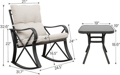 COSIEST 3 Piece Bistro Set Patio Rocking Chairs Outdoor Furniture w Beige Cushions, Glass-Top Table for Garden, Pool, Backyard