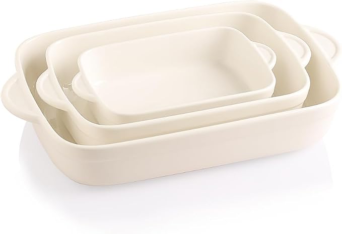 Sweejar Casserole Dishes for Oven, Ceramic Bakeware Set of 3, Lasagna Pan Deep with Handle, Rectangular Baking Pan Set, 9x13 Baking Dish for Cooking, Banquet and Daily Use (Beige)